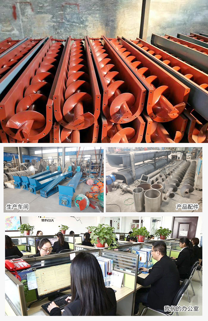 絞龍螺旋輸送機產(chǎn)品，廠區(qū)，以及辦公場地展示圖。